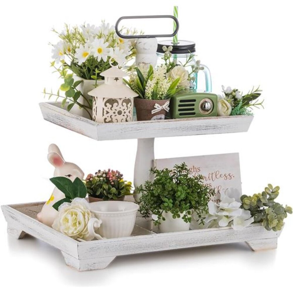 Tiered Tray for Table Decor: 2 Tier Serving Stand Farmhouse Decorative Tray